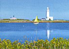 A watercolour painting of Hurst Point Lighthouse by Margaret Heath RSMA.